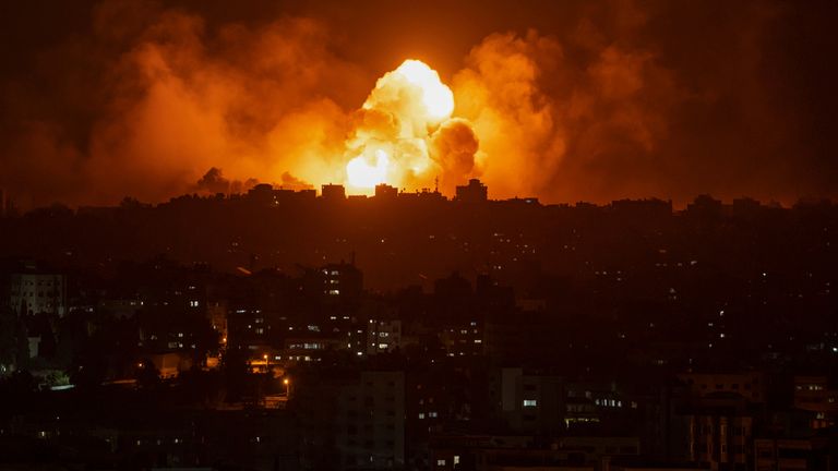 Explosions over Gaza City on Sunday. Pic: AP