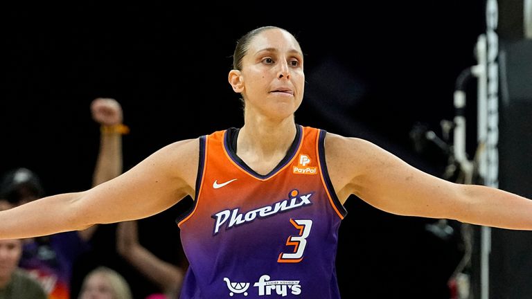 Phoenix Mercury&#39;s Diana Taurasi (3) celebrates after making her 10,000th career point, during the second half of a WNBA basketball game against the Atlanta Dream, Thursday, Aug. 3, 2023, in Phoenix. Taurasi, the WNBA&#39;s all-time leading scorer, is the only player in league history to reach the 10,000-point milestone. (AP Photo/Matt York)