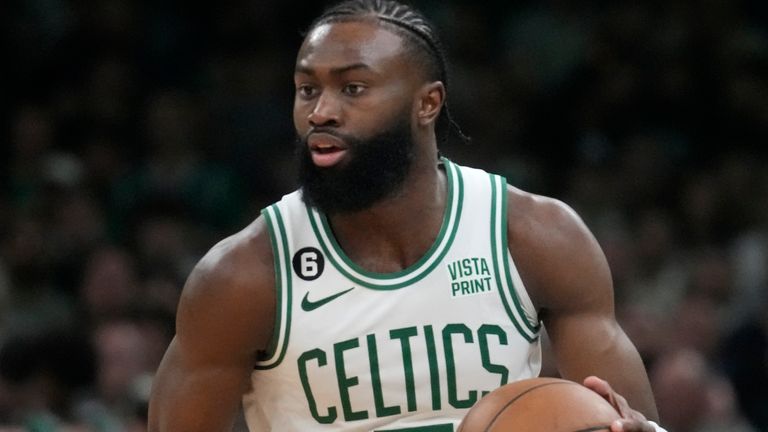 Boston Celtics guard Jaylen Brown (7) during Game 2 of the NBA basketball Eastern Conference Finals series, Friday, May 19, 2023, in Boston. (AP Photo/Charles Krupa)