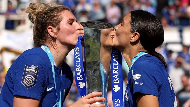 Millie Bright and Sam Kerr celebrate with the WSL trophy
